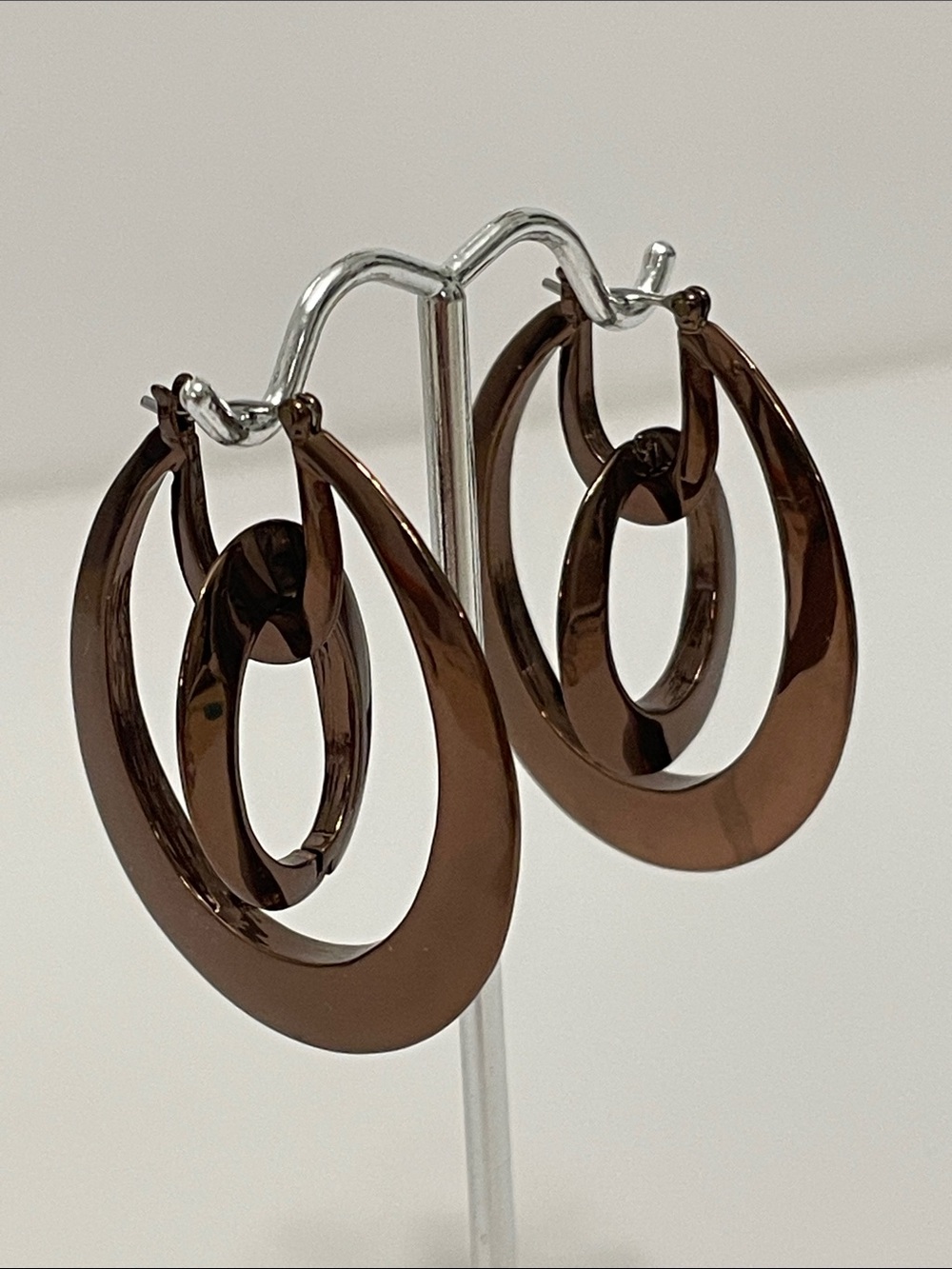 Contemporary Nested Bronze/Chocolate-Brown Oval Hoop Drop Earrings